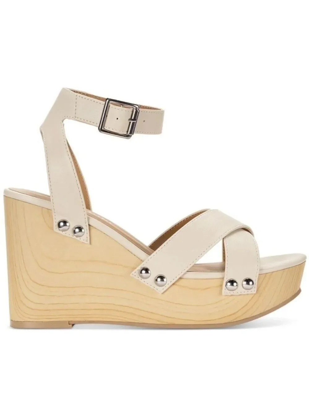 Women Cream Bone Beige Cognac Ankle Strap Classic Wooden Wedge Sandals SZ 10 M